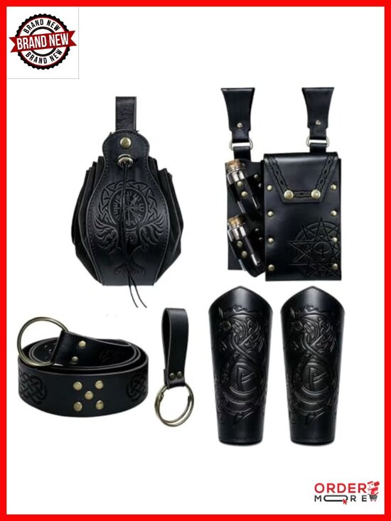 Viking Renaissance Belt Pouch Purse with Leather Bracers & Hook Strap Medieval main image 6